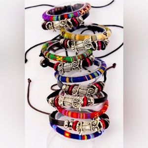 27080 Six Pack of Leather Owl Aztec Macrame Wrap Bracelet Wholesale Lot Box